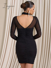 Ingvn - Mesh Ruched Backless Mini Dress Women Robe Autumn New With Zipper Halter Long Sleeve Bodycon Sexy Party Dress Vestidos