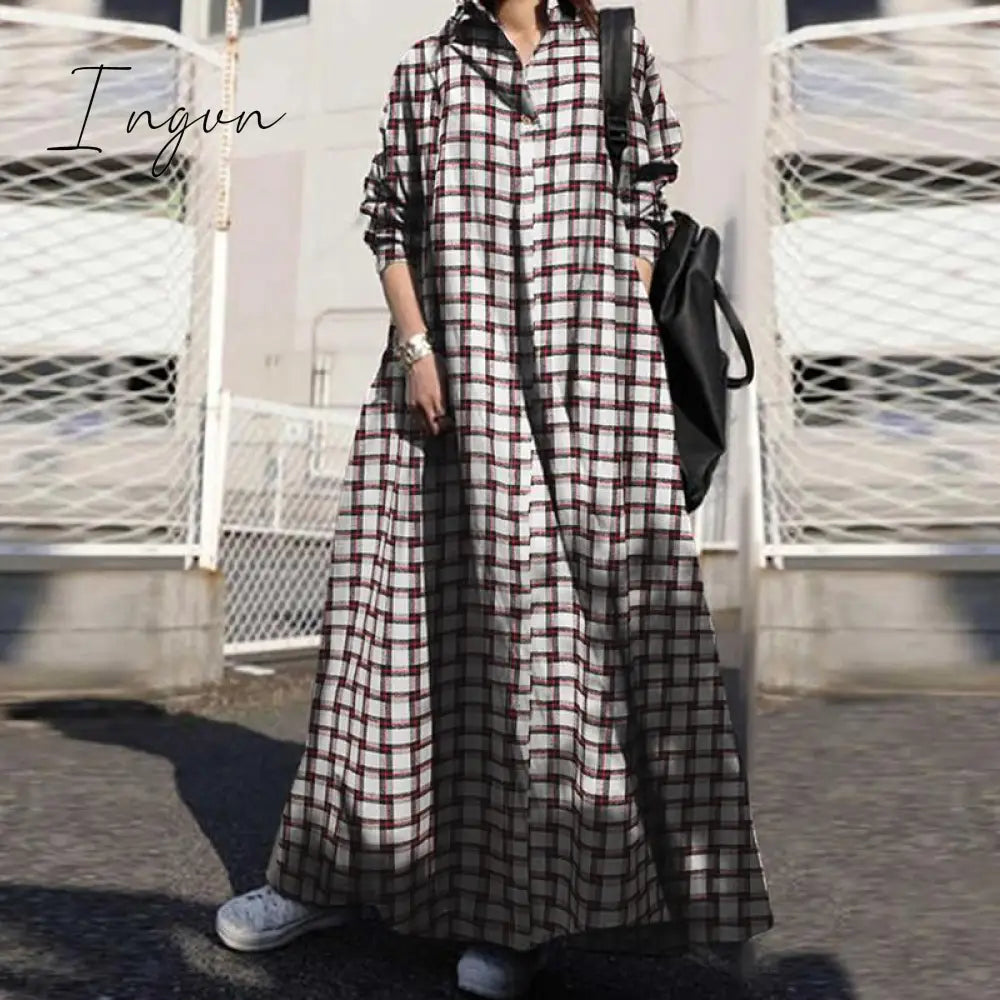 Ingvn - Summer Stylish Women Vintage Long Sleeve Loose Sundress Casual Long Maxi Dress Kaftan Femme Solid Party Vestido Robe