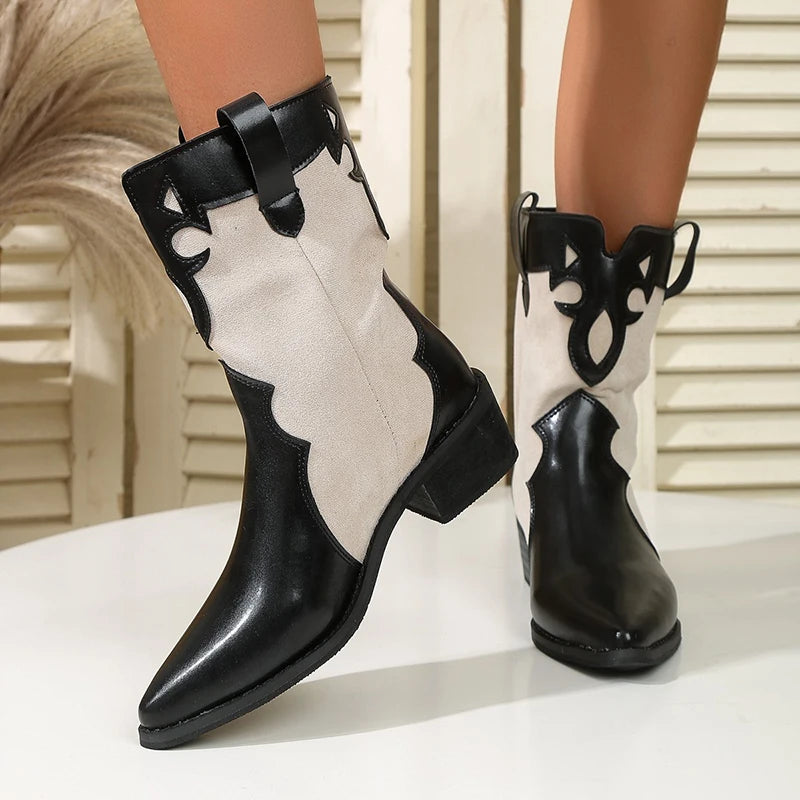 Ingvn  Vintage Women Western Cowgirl Boots Boots Fashion Slip On Short Booties Ladies Square Heels Largas Booties