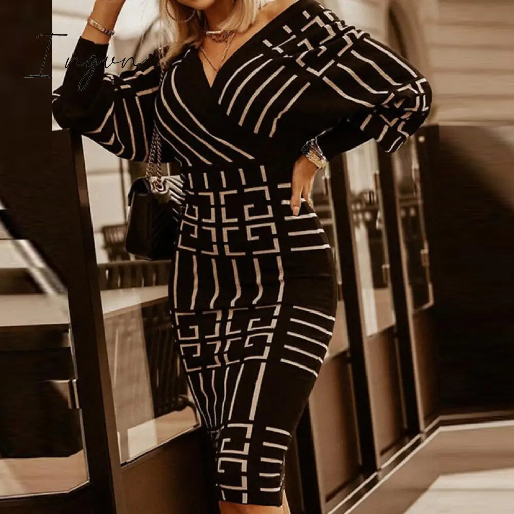Ingvn - Women Deep V-Neck Striped Plaid Party Dress Long Sleeve Spring Autumn Casual Ladies Hip Dress Skinny Sweet Streetwear Vestidos