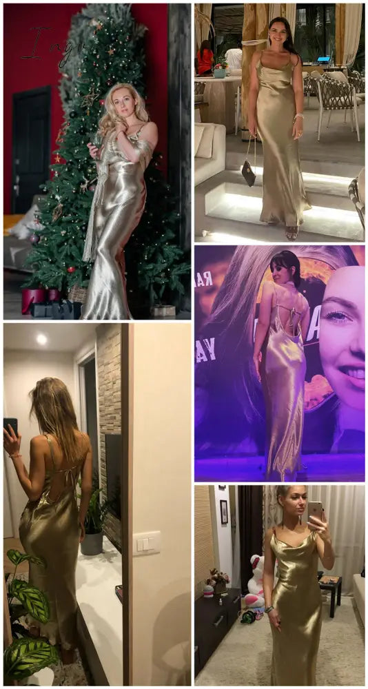 Ingvn - Summer Dresses For Women Sexy Spaghetti Strap Backless Summer Dress Women Satin Lace Up Trumpet Long Dress Elegant Bodycon Party Dresses