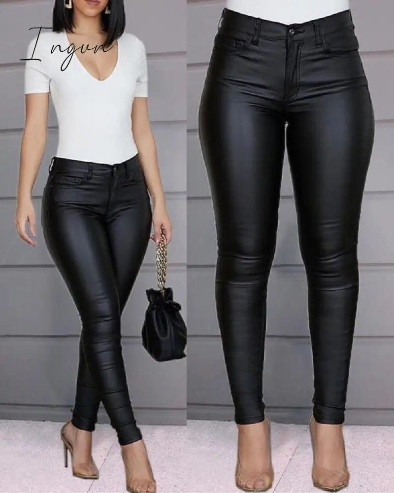 Ingvn - PU Leather Pants Women High Waist Button Zipper Slim Push Up Woman Pencil Pants Casual Pockets Blue Skinny Women Pants Plus Size