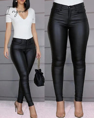 Ingvn - PU Leather Pants Women High Waist Button Zipper Slim Push Up Woman Pencil Pants Casual Pockets Blue Skinny Women Pants Plus Size