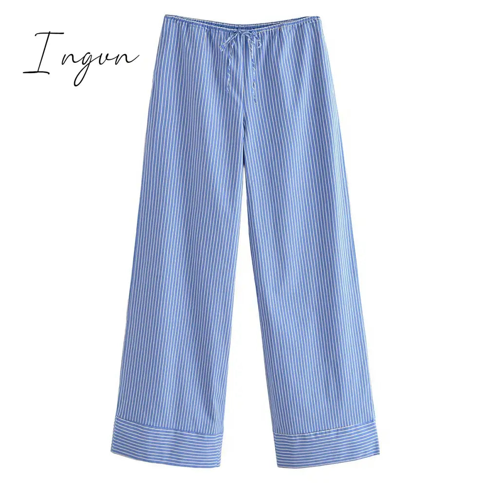 Ingvn - Fashion Striped Women's Pants 2023 Summer Wide Leg Pants Women Casual Loose Trousers Ladies Low Waist Lace Up Pant New In