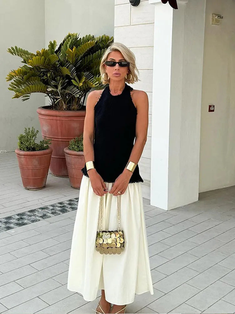 Contrast Color Knitted Patchwork Women's Maxi Dress Halter Sleeveless Backlesss Bodycon Long Robes Lady Summer Casual Long Dress