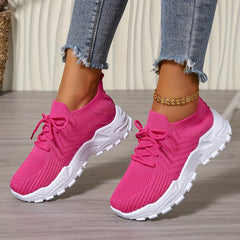 Women's Solid Color Fashion Sneakers, Lace-up Thick Sole Casual Running Shoes, Lightweight Breathable Walking Shoes, Non-Slip Soft Sole, All-Season Comfort Sports Shoes, Fabric Upper, PVC Sole, Fabric Lining, No Print