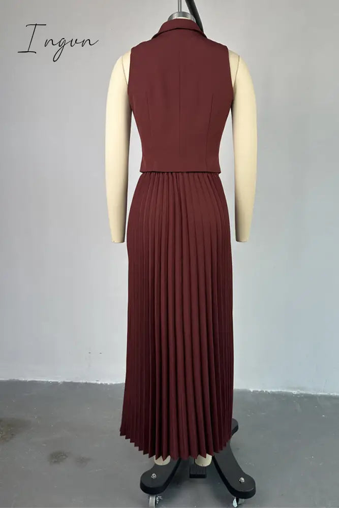 Elegant Solid Fold Pleated Turn-back Collar Sleeveless Two Pieces