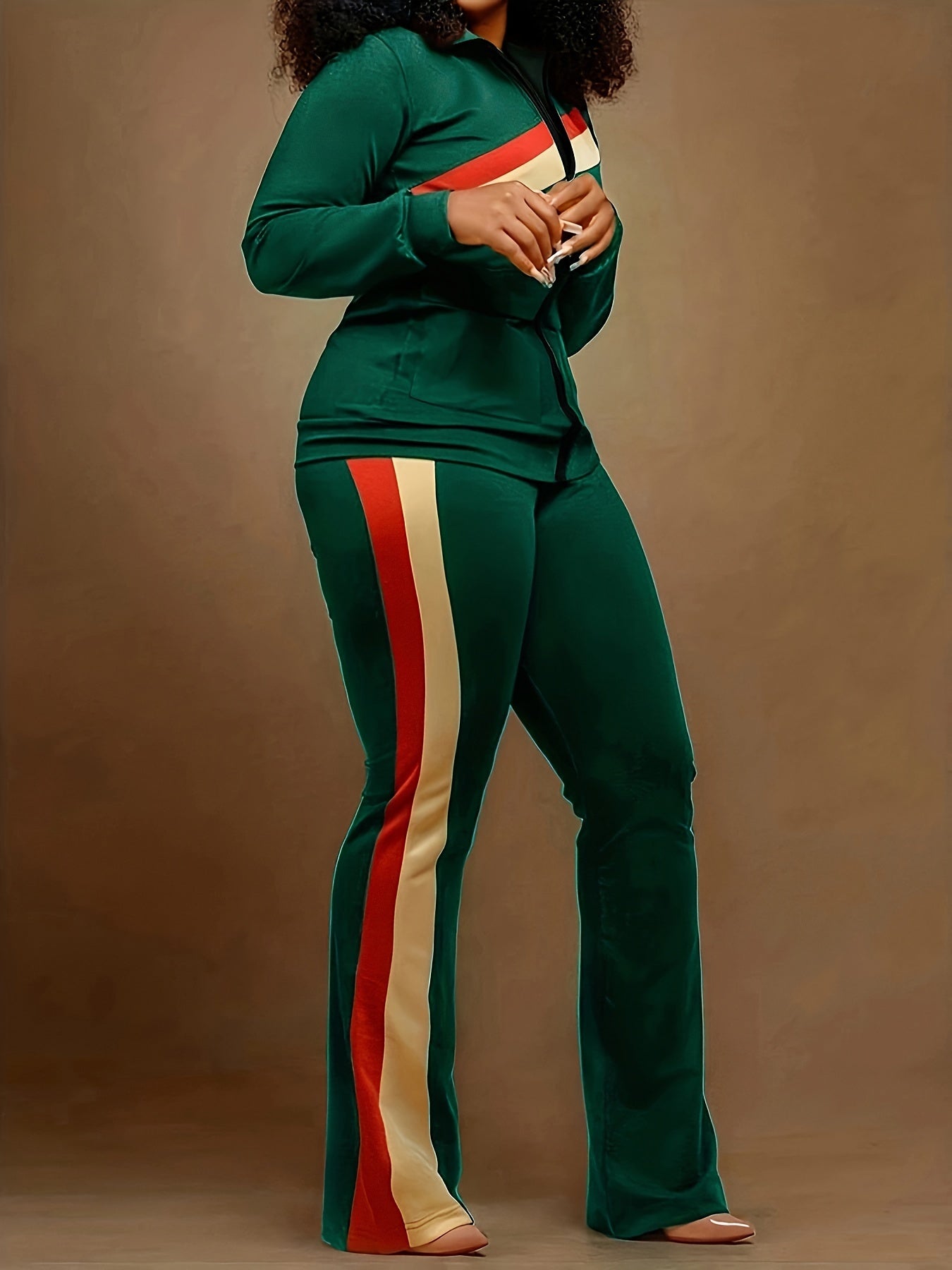 Two-piece Set, Long Sleeve & Long Length, Zip Up, Striped Print Retro Outfits, Women's Clothing