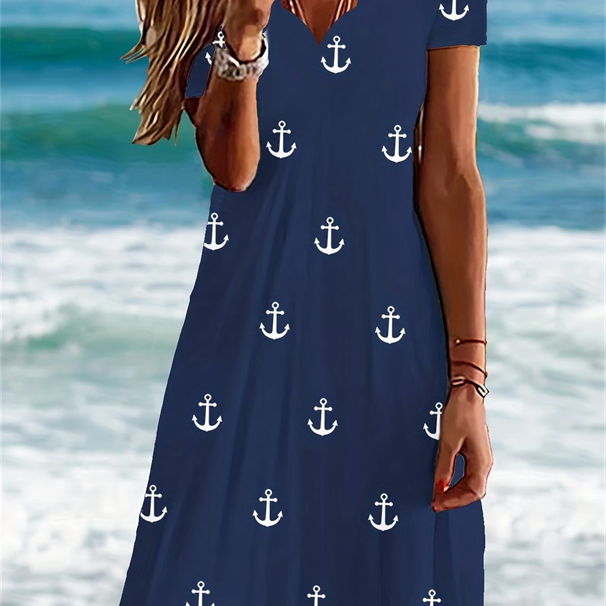 Plus Size Midi Fit and Flare Dress - V Neck Ruffle Neck Short Sleeve with Slight Stretch - Summer Casual Anchor Print Floral Trim Polyester Knit Fabric