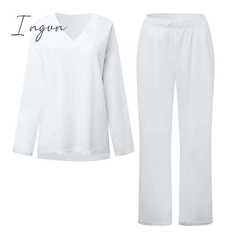 Ingvn - Women's  Lounge Sets 2 Pieces Solid Color Fleece Pajama V Neck Long Sleeve for Fall Winter White S 3XL