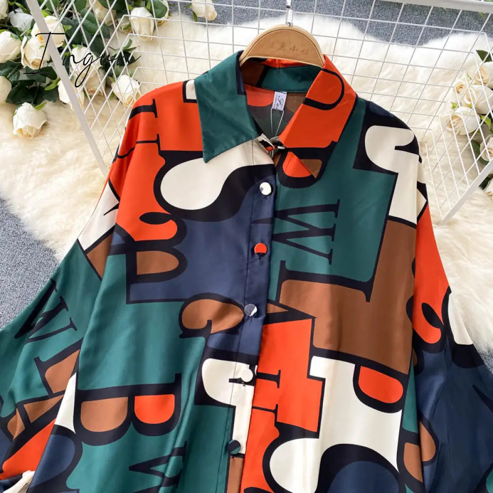 Ingvn - Women's Dress Spring Retro Print Casual Set Design Batwing Sleeve Single Breasted Blouse+High Waist Long Pants Two Piece Suits