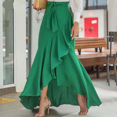 Long Skirt Fashion Women Fishtail Maxi Skirts High Waist Belted Party Jupe Sexy Casual Loose Holiday Ruffles Skirts