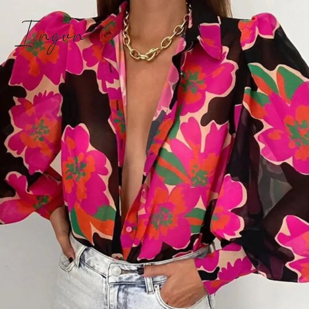 Ingvn - Spring Fashion Women Shirt Lantern Long Sleeves Casual Solid Color Printed Slim Buttons V Neck Blouse Commute High Street Shirts