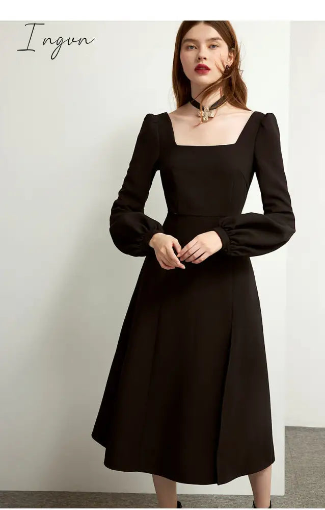 Ingvn - Black Retro Split Dress Women Elegant Midi Designer Dress Female Long Sleeve Hepburn Style Chiffon Vintage Dress Fall  Women