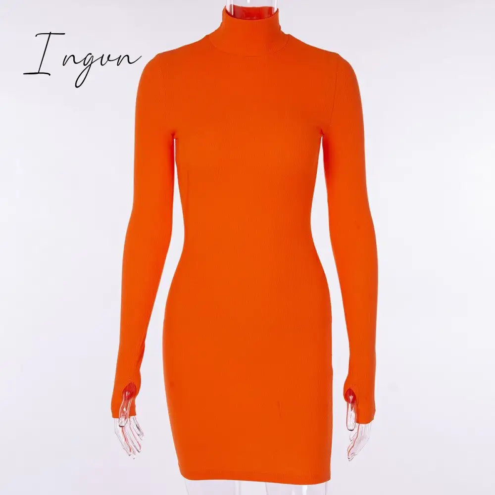 Ingvn - Autumn Long Sleeve Bottom Dress for Women High Collar Temperament Solid Color Dress Bodycon Mini Dresses Female Harajuku