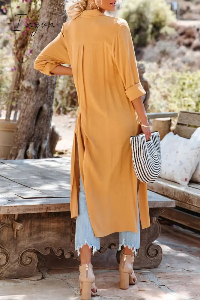 Ingvn - Casual Simplicity Solid Slit Turndown Collar Tops