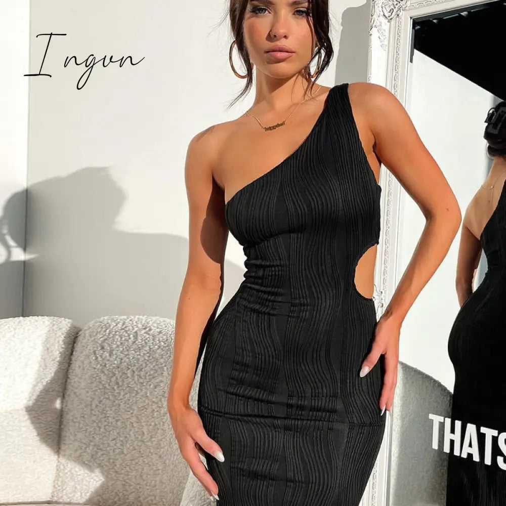 Ingvn - Irregular Sexy Cut Out Midi Dresses Club Party Sleeveless One Shoulder Textured Bodycon Dresses Outfits Vestido