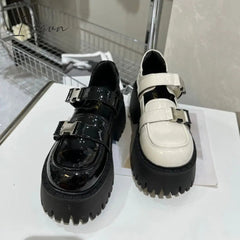 Ingvn - Patent Leather Platform Oxford Shoes for Women 2023 Autumn Winter Casual Buckle Flats Woman Black Chunky Shoes Zapatillas Mujer