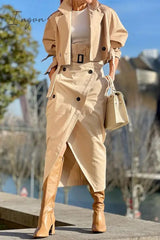 Ingvn - British Style Elegant Solid Pocket Buttons Turndown Collar Long Sleeve Two Pieces