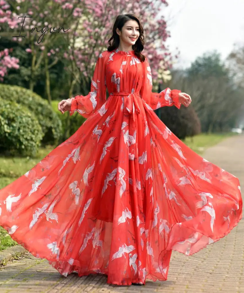 Ingvn - 2023 New Arrives Chiffon Long Sleeve Floral Print Dress Boho Plus Size Women Beach Party Garden Maxi Dress Elegant Vestidos Robe