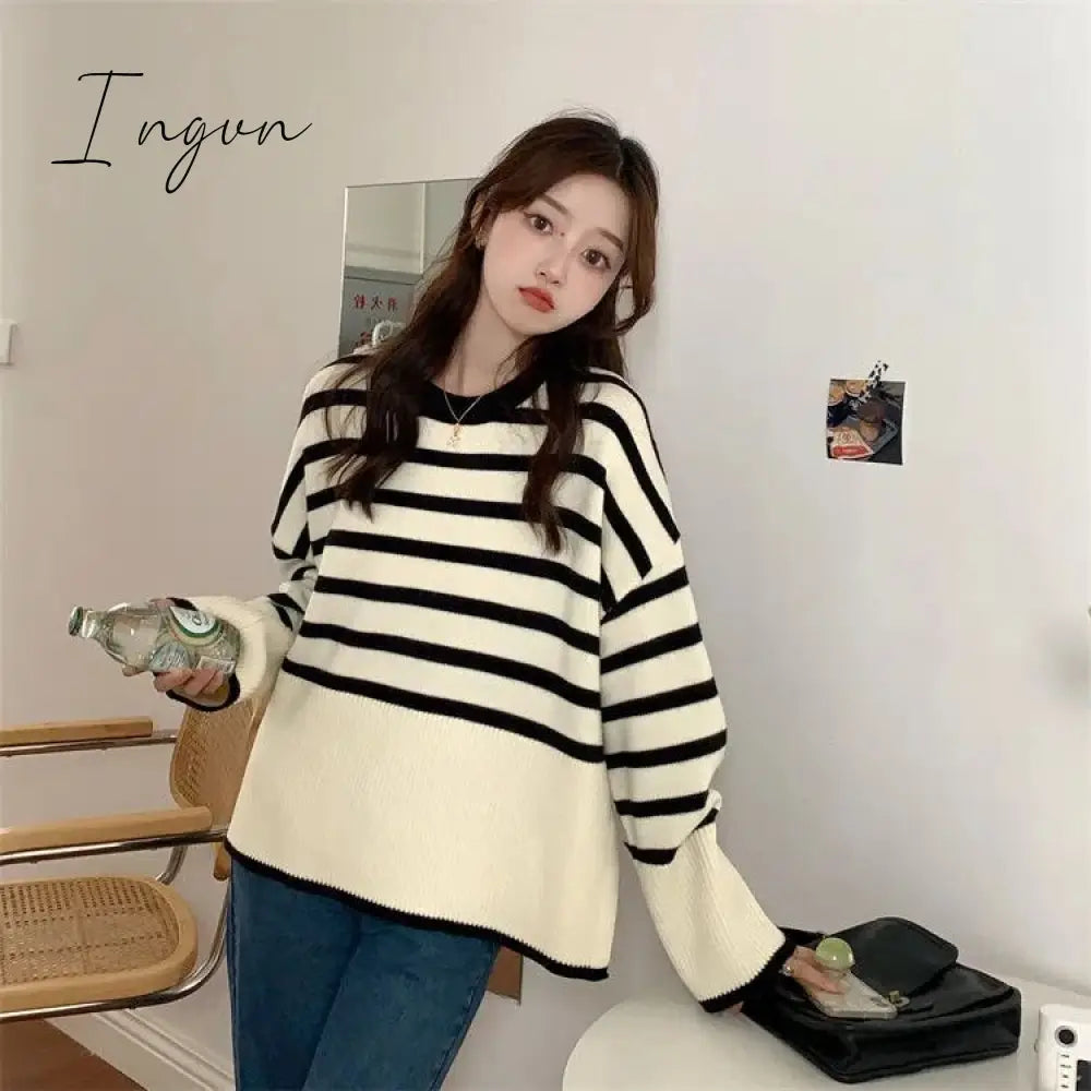 Ingvn - Vintage Striped Loose Turtleneck Knitted Sweater