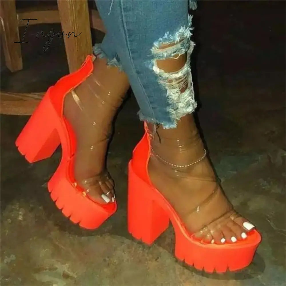 Ingvn - Chunky Heel Zipper Open Toe Strappy See-Through Sandals