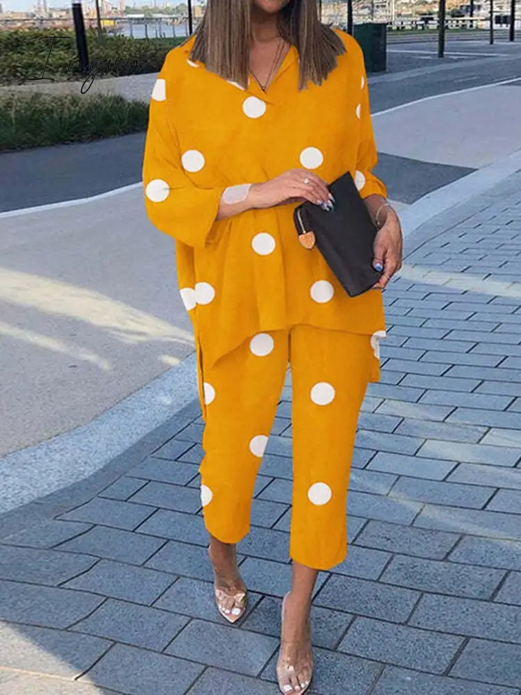 Ingvn - Summer Outfits Vintage Floral Print Casual Outfits Women Summer Long Sleeve Blouse And Pants Sets Cotton Linen Female Elegant Two Piece Suits