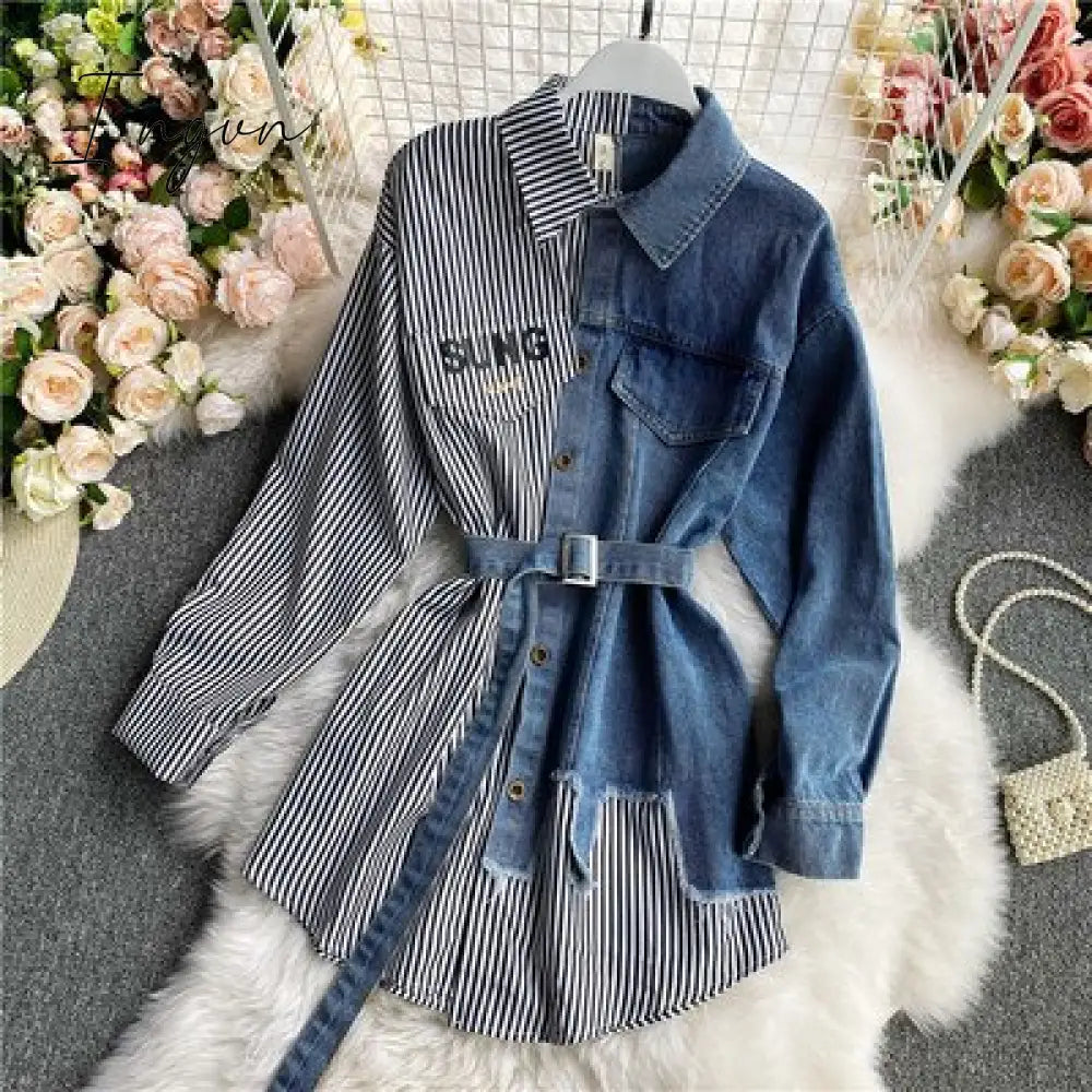 Ingvn - Women's Blouse Autumn Long Sleeve Shirt Tops Jeans Patchwork Plaid Blouses Elegantes Blusas para mujer Slim Shirt Dress