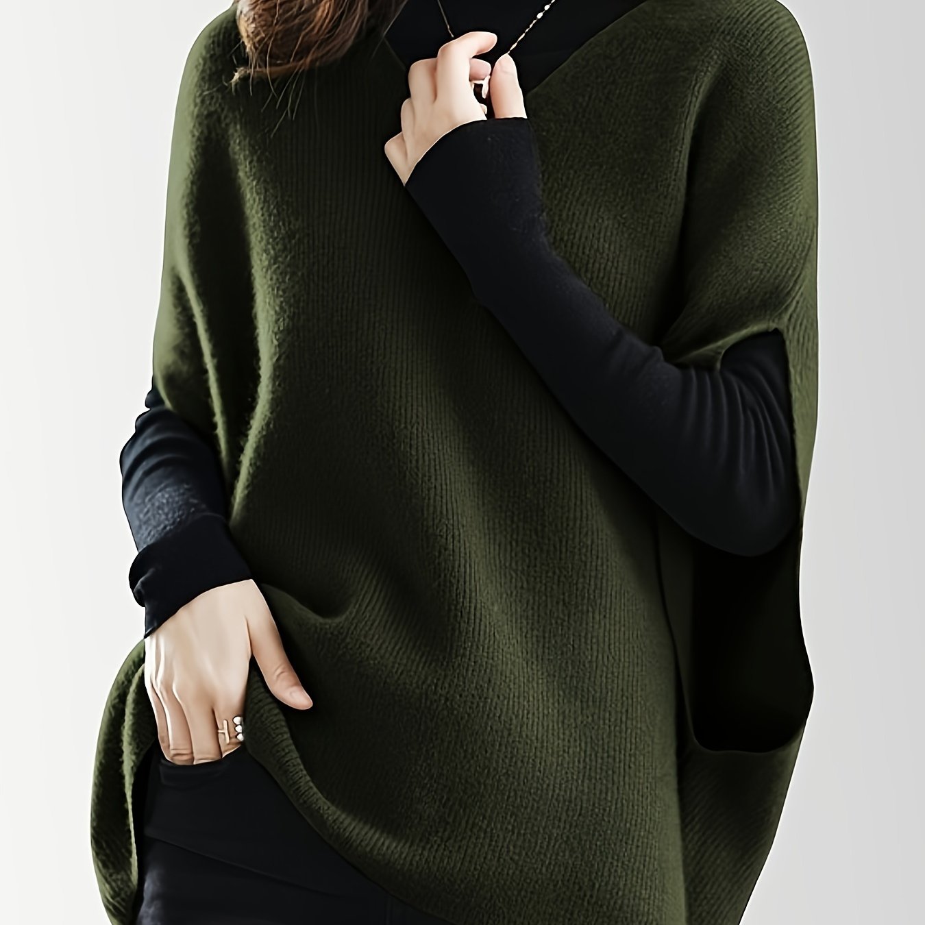 Women's V-Neck Knitted Cardigan, Casual Loose Fit Batwing Sleeves, Solid Color, Polyester, Spring/Autumn Fashion, Sleeveless Pullover Top for Ladies