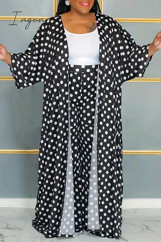 Ingvn - Black Elegant Dot Patchwork Plus Size Two Pieces