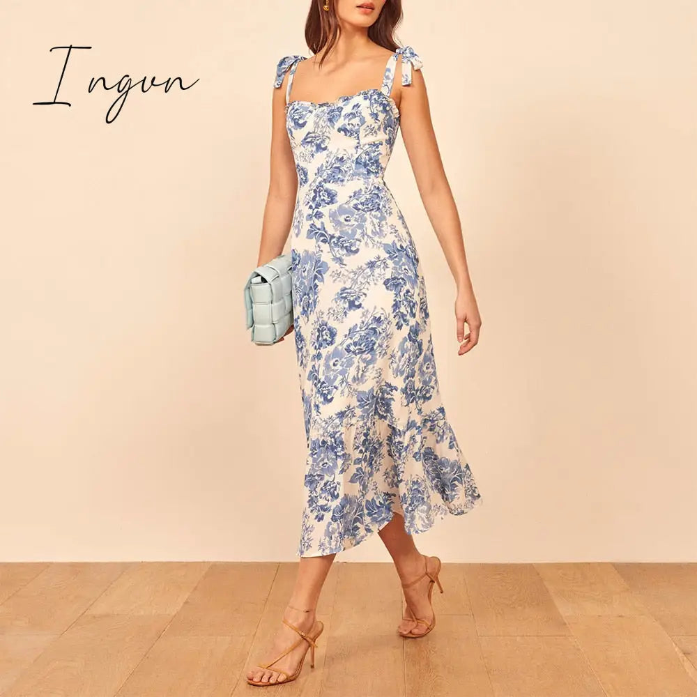 Ingvn - Dresses For Women Elegant Vintage Floral Dress Frill Sweetheart Neck Sleeveless Strap Tie Ruffle Hem Summer Beach Dress