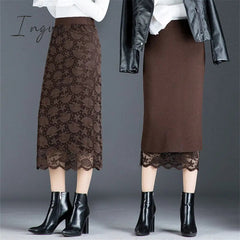 Ingvn - Autumn and winter skirt long section jupe femme two sides wearing lace midi skirt split bag hip skirt wool winter skirt