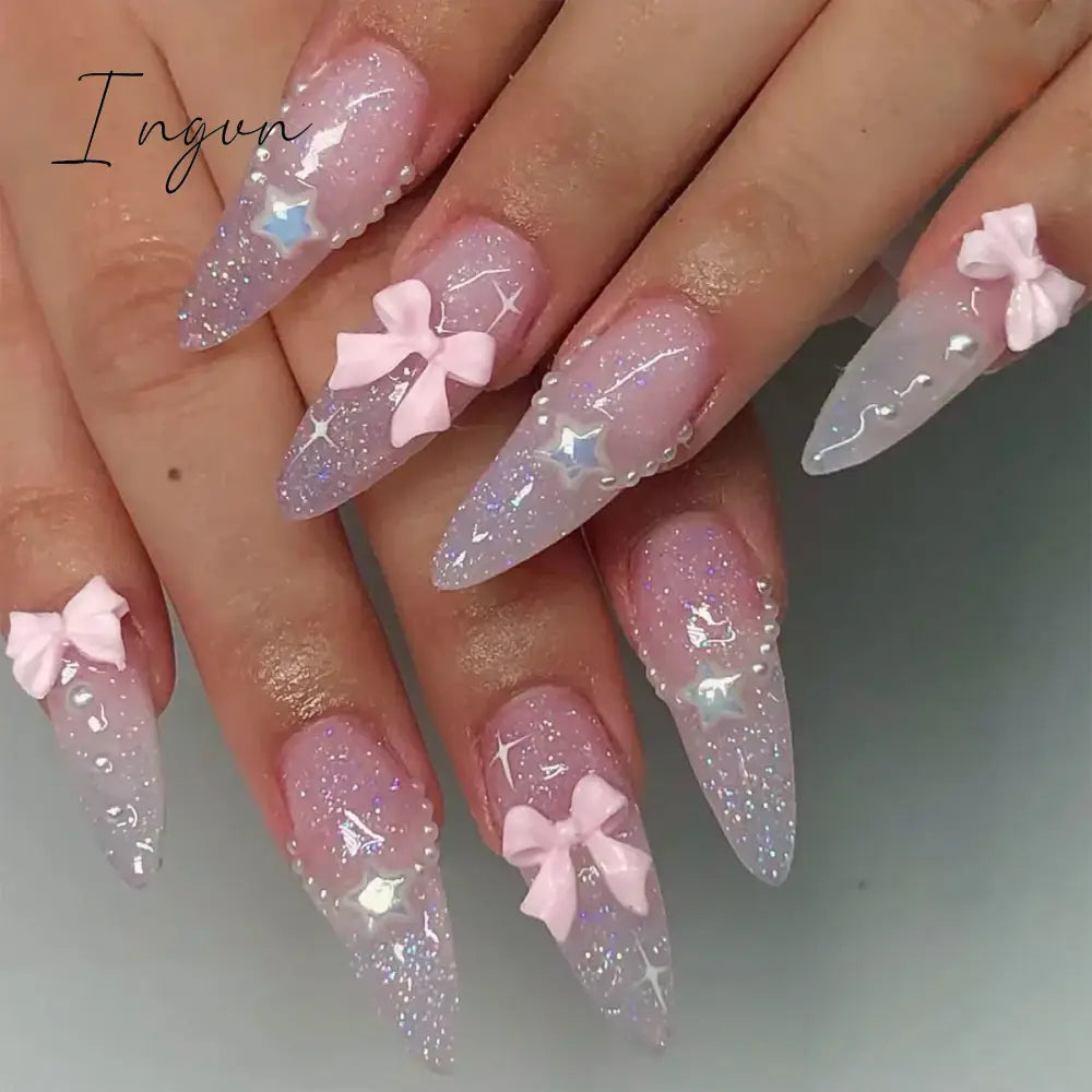 24Pcs 3D Long Almond False Nails Red Nude Ballet Stiletto Wearable Fake Nails MilkTea Color Jelly Full Cover Press On Nail Tips