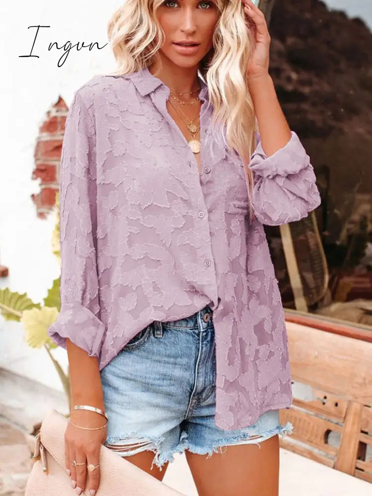 Ingvn - Women's Cotton Shirt Blouse Women 2023 Elegant Spring Candy Colors Basic Top Turn-down Collar Long Sleeve Solid Button Blouses