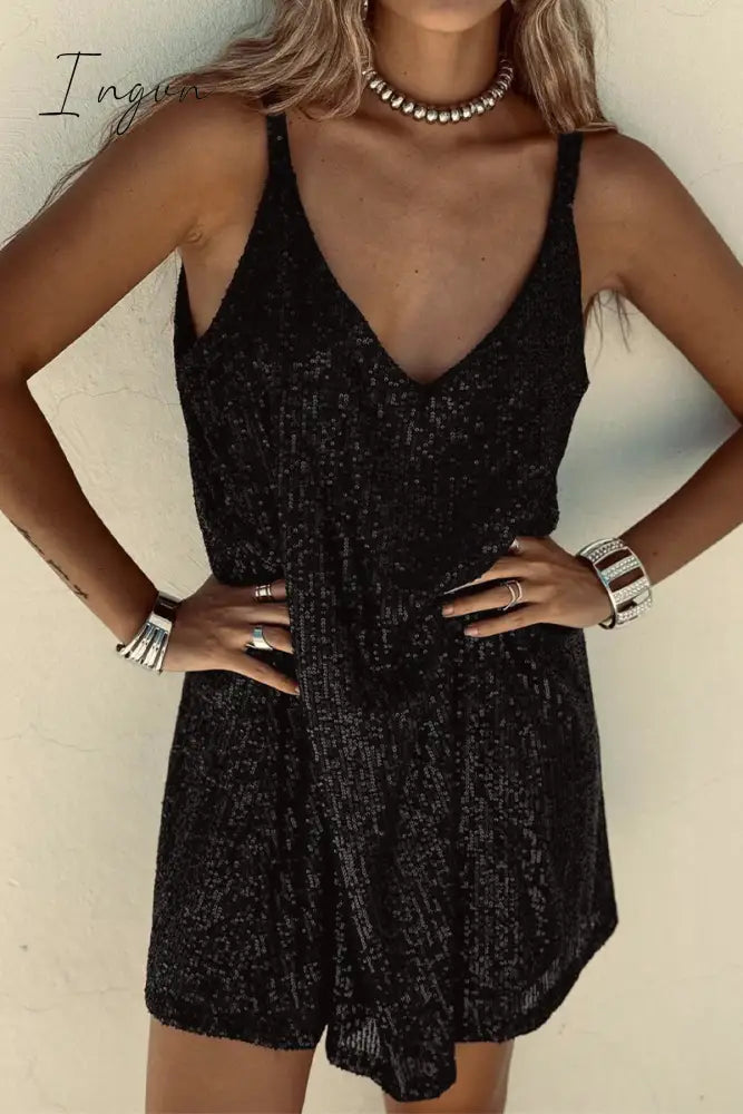 Ingvn - Sexy Solid Sequins V Neck Sling Dress Dresses