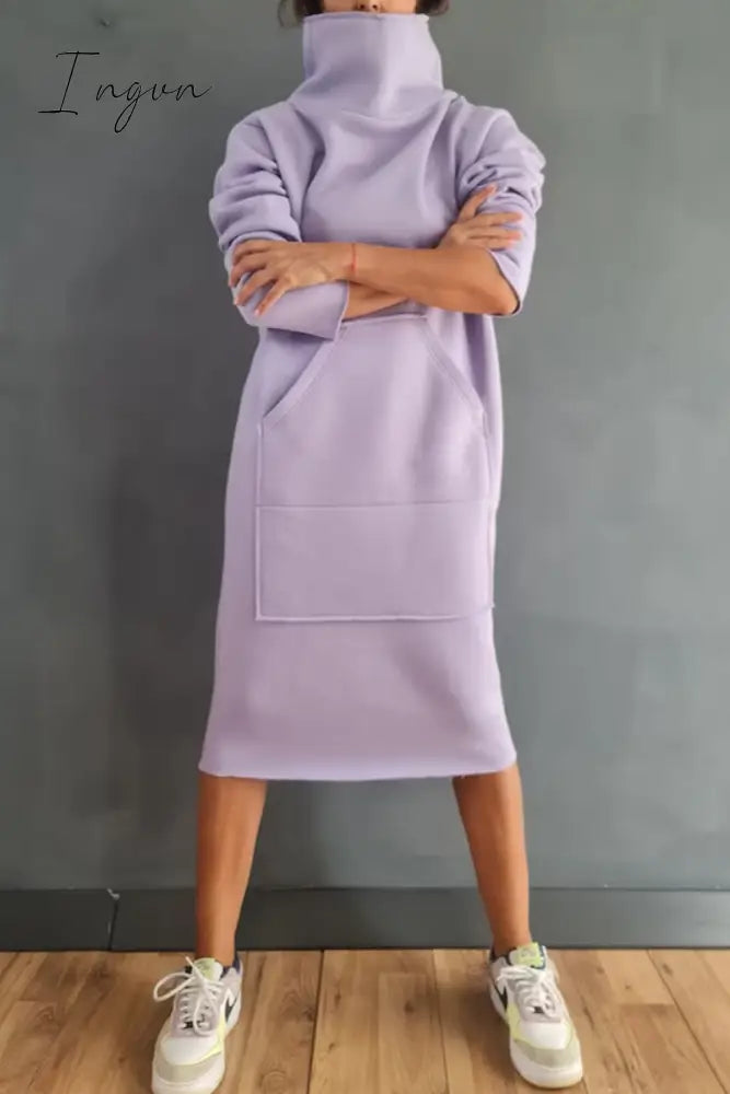 Ingvn - Casual Solid Pocket Turtleneck Long Sleeve Dresses