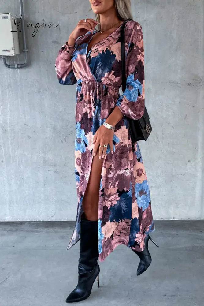 Ingvn - Elegant Floral Slit V Neck Printed Dress Dresses