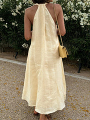Halter V-Neck Linen Midi Dress