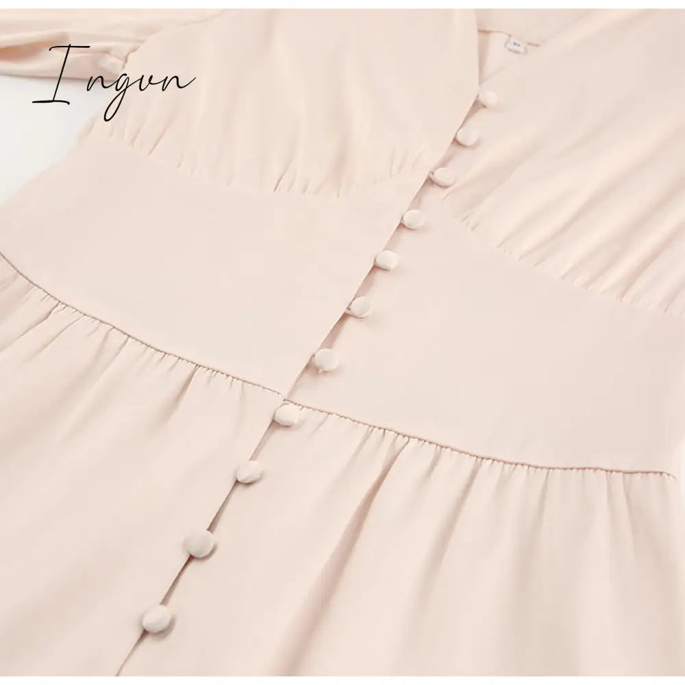 Ingvn - Elegant spring satin bishop sleeve a-line dress women V-neck high waist button dress solid Vintage long dresses chic