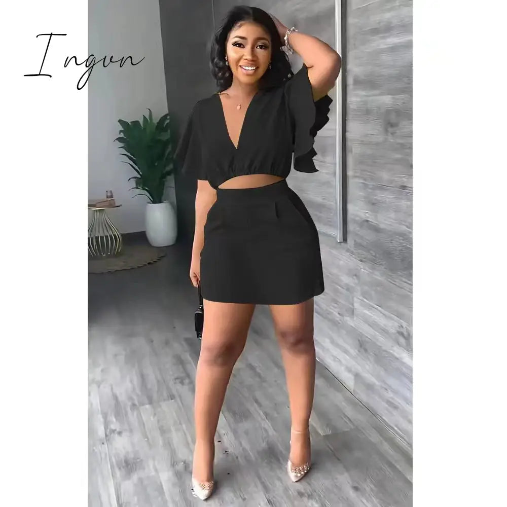 Ingvn - Summer 2 Pcs Suits Fashion V-neck Ruffle Sleeve Tshirt High Waist A-line Mini Skirt 2 Piece Suits Outifits for Women