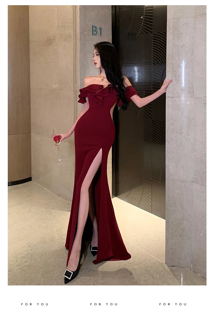 Vintage Red Sexy Backless Long Dresses Women Summer Elegant High Split Ruffles Luxury Evening Party Off Shoulder Female Clothing