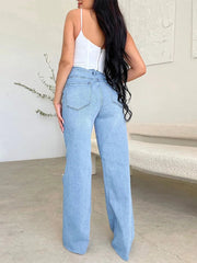 Ingvn  Women's Denim Pants  Summer Fashion High Waisted Handmade Frayed Edge Wide Leg Pants Streetwear Ripped Baggy Jeans