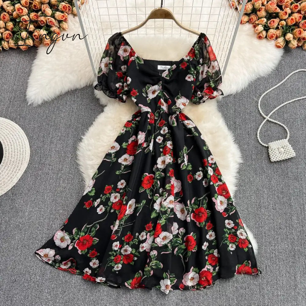 Ingvn - Summer Outfits Ladies French Retro V-neck Floral Women Dress Elegant Draped Flowers Short Puff Sleeves Slim Fairy Mid-calf A-line Dress