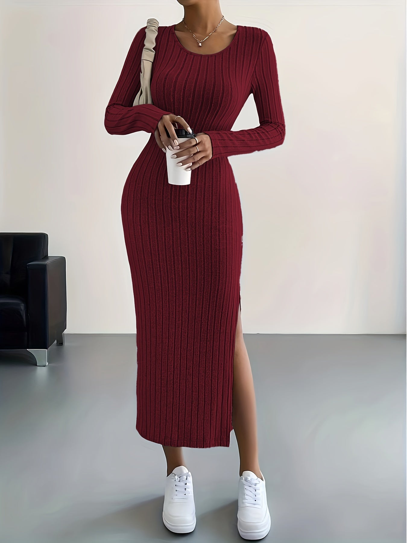 Long Sleeve Bodycon Ribbed Knit Dress - Sexy Crew Neck Split Thigh Slim Fit with Mid Elasticity - Machine Washable Polyester Fabric for Fall/Winter Season