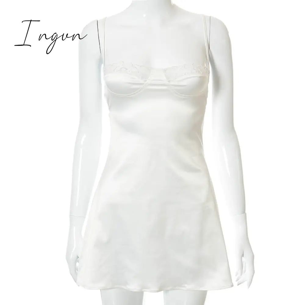 Ingvn - New Sexy White Lace Trim Satin Mini Dress For Women Solid Backless Maxi Sundress Female Party Bodycon Dresses Streetwears