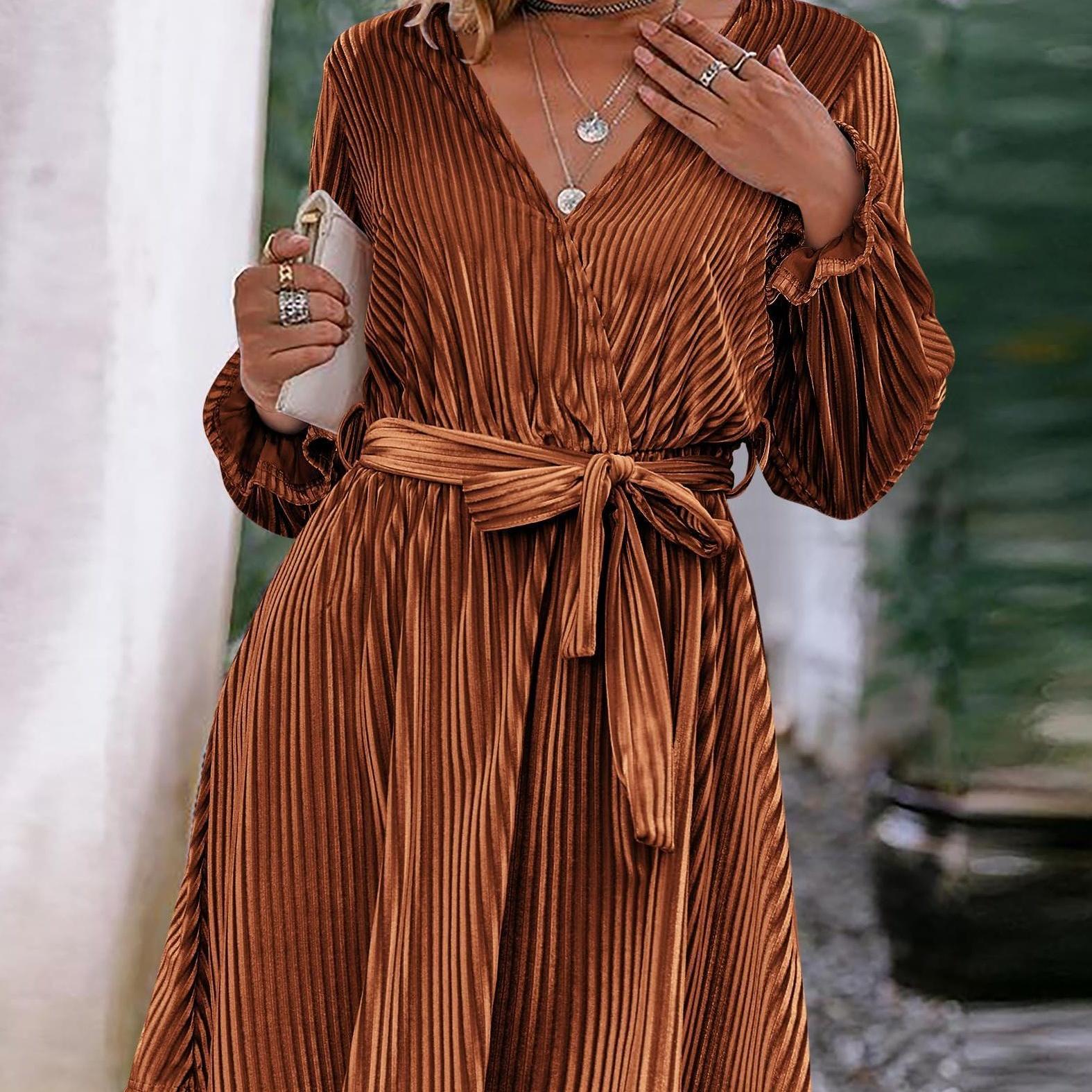 Women Velvet Faux Wrap Dress V Neck Ruffle Trim Long Sleeve Dress Tie Waist Fall Dress Wedding Guest Dresses for Women