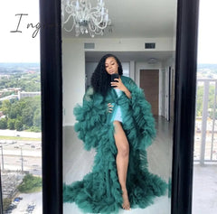 Ingvn - Chic See Thru Tulle Ruffles Photo Bathrobe Black Long Kimono Tiered Ruched A-line Prom Gowns Puffy Sleeves Bridesmaid Shawl Cape