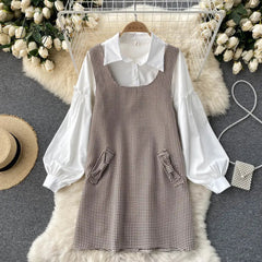 Ingvn - Autumn Elegant 2 Piece Set Overalls Dress Women Lapel White Lantern Sleeve Ruffle Shirt Top +Bow Houndstooth Vest Dress New