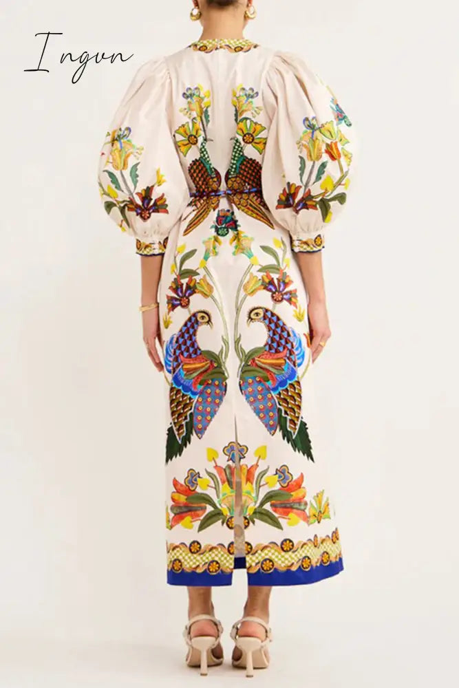 Ingvn - Casual Bohemian Print Patchwork O Neck One Step Skirt Dresses
