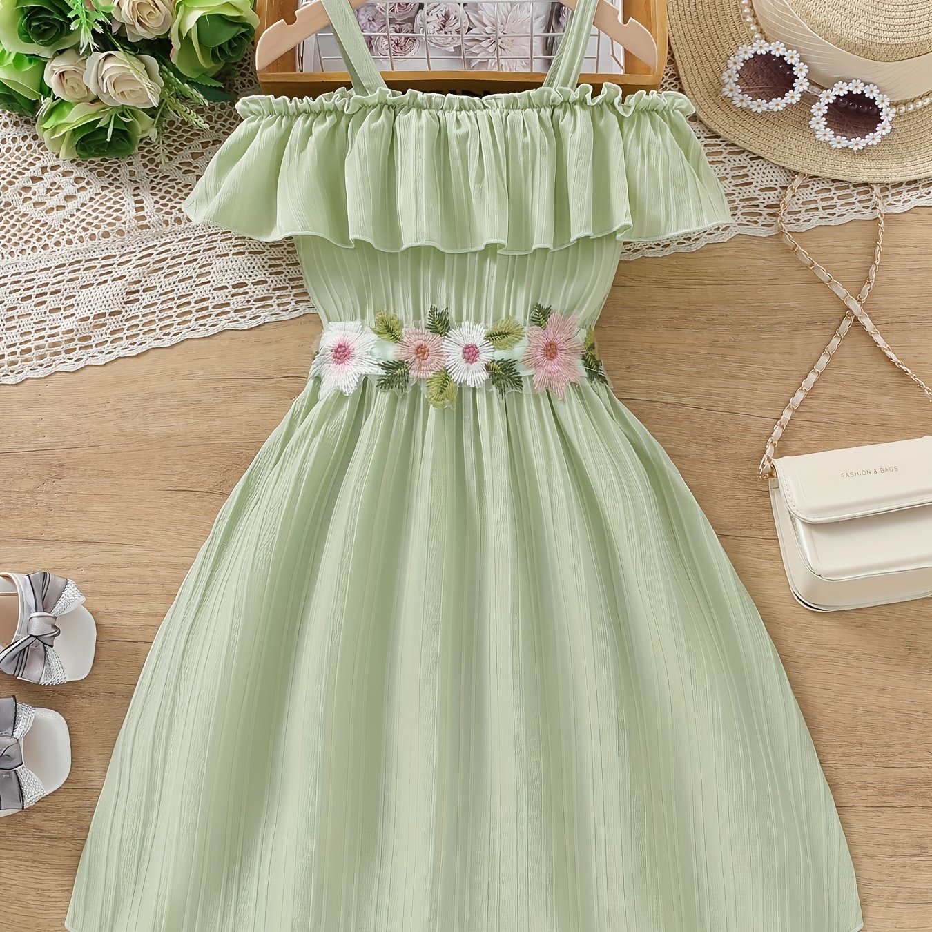 Charming Floral Ruffle Off-Shoulder Suspender Dress - Casual, Elegant, Spring and Summer Essential for Girls - Embroidered Flower Design, Comfortable and Versatile